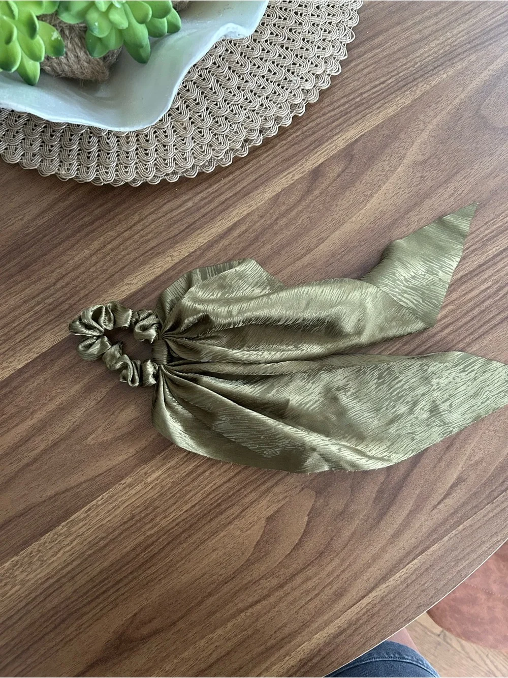 Silk-Look Bow & Scarf Scrunchie Set - Green, Ivory, Olive
